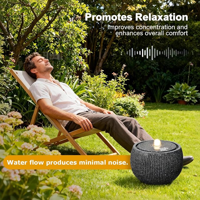 10.6" H Modern Round Outdoor Water Fountain with 3000K LED Lights, Minimalist Sphere Garden Waterfall with Soothing 55dB Sound for Patio, Deck, Porch, Backyard and Zen Indoor Decor