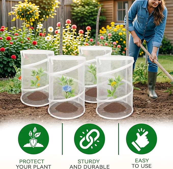 4-Pack Pop Up Plant Covers, Heavy Duty 18"x24" Mesh Plant Cover & Garden Cloche with Ground Stakes, Windproof Plant Protector Tent for Tomato & Strawberry (Protection from Birds & Animals)