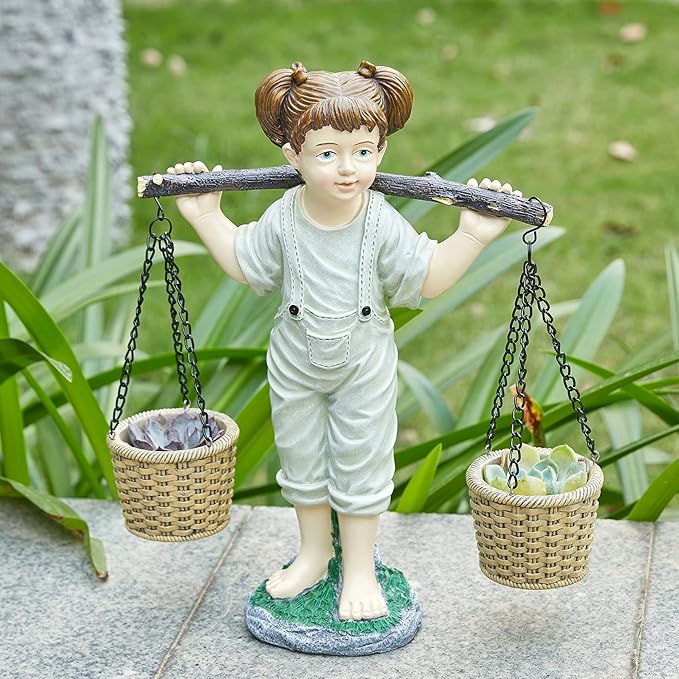 Large Flowers Girl Garden Statue In Stone, Flower & Succulent Planter, Pot Carrying Plants, Pots, Adorable Yard Decor | Indoor & Outdoor Ornament Cute Figurine Lawn, Patio, Home Decoration - 15” x 15”