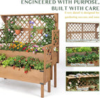 Raised Garden Bed with Trellis, 47''H Outdoor Flower Plant Stand with Two Planting Areas, Top Shelf, Liner, Elevated Garden Beds for Climbing Plants, Herb, Gift for Gardening, Brown