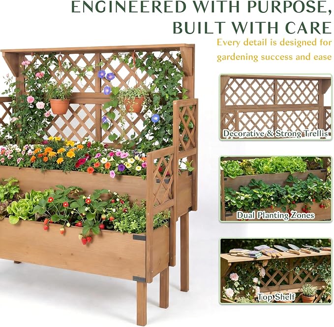 Raised Garden Bed with Trellis, 47''H Outdoor Flower Plant Stand with Two Planting Areas, Top Shelf, Liner, Elevated Garden Beds for Climbing Plants, Herb, Gift for Gardening, Brown