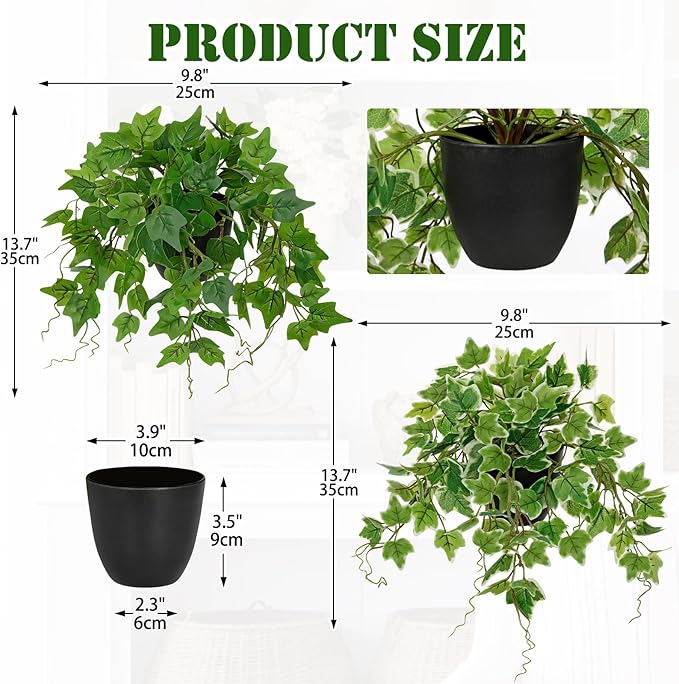 Hollyone Artificial English Ivy Hanging Plants 2pcs Faux Ivy Vines with Black Pot Small Fake Potted Greenery Plant for Indoor Home Aesthetic Living Room Bathroom Desk Shelf Office Decor