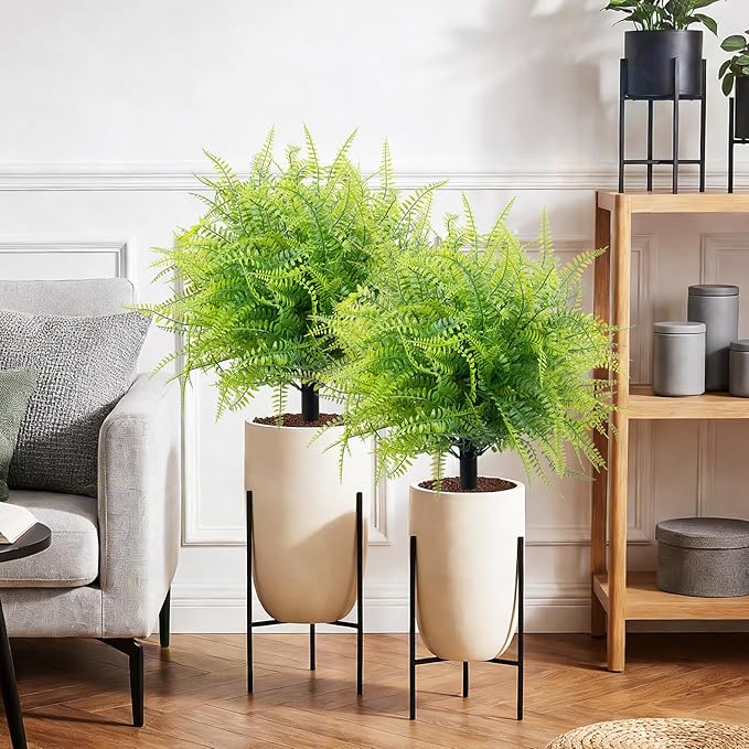 2 Pack 23.6" Artificial Fern Topiary Ball Trees with Ground Spike, Outdoor UV Resistant Fake Evergreen Trees Shrubs Bushes Artificial Plants Faux Bosten Fern Plants for Porch, Garden, Front Door