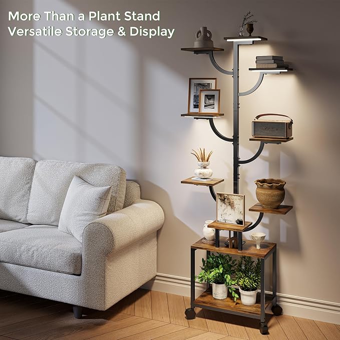 Plant Stand Indoor with Grow Lights - 9-Tier Plant Stand with Wheels, Tall Metal and Wood Indoor Plant Shelf with Tree Design, Rolling Flower Pot Holder Rack with Waterproof Finish, Adjustable Display Stand for Home Garden, Patio, 62" Tall