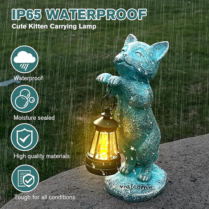 Outdoor Garden Cat Statues Decor - Birthday Gifts for Women Resin Cat Figurines with Solar Lantern for Yard Art Lawn Ornaments Porch Patio Balcony - Gifts for Grandma Mom Wife