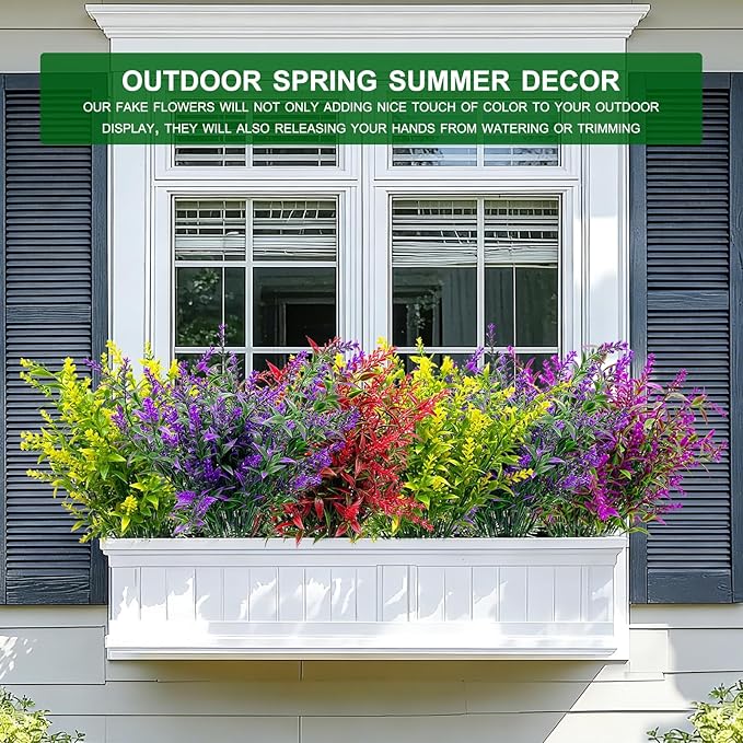 TURNMEON 20 Bundles Artificial Flowers for Outdoors Summer Decor, UV Resistant No Fade Fake Lavender Flowers Plastic Faux Plants for Window Box Garden Planter Porch Indoor Cemetery Decor(Mix Colors)