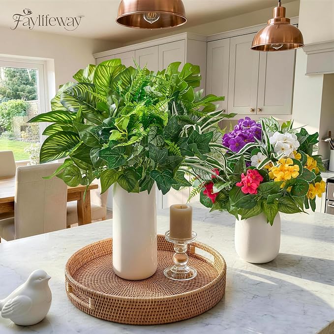 30 Bundles Artificial Plants Outdoor, UV Resistant Faux Greenery Stems with Flowers Shrubs for Planters Front Porch Outside Garden Window Box Patio Yard Decor