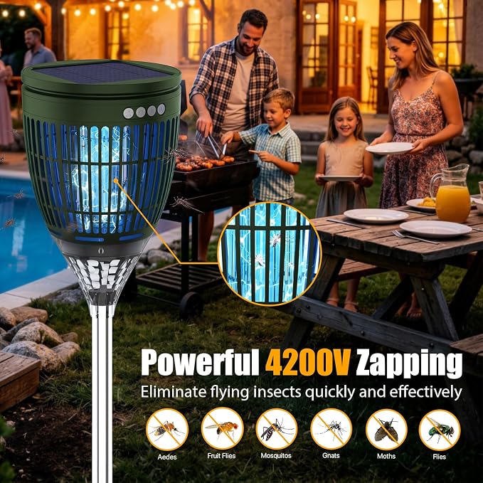Rossetta Solar Bug Zapper Outdoor, Mosquito Zapper with Flame Lamp & Projector Light, 4200V Electric Fly Zapper Waterproof Rechargeable Mosquito Killer, Cordless Fly Trap for Patio, Backyard, Garden