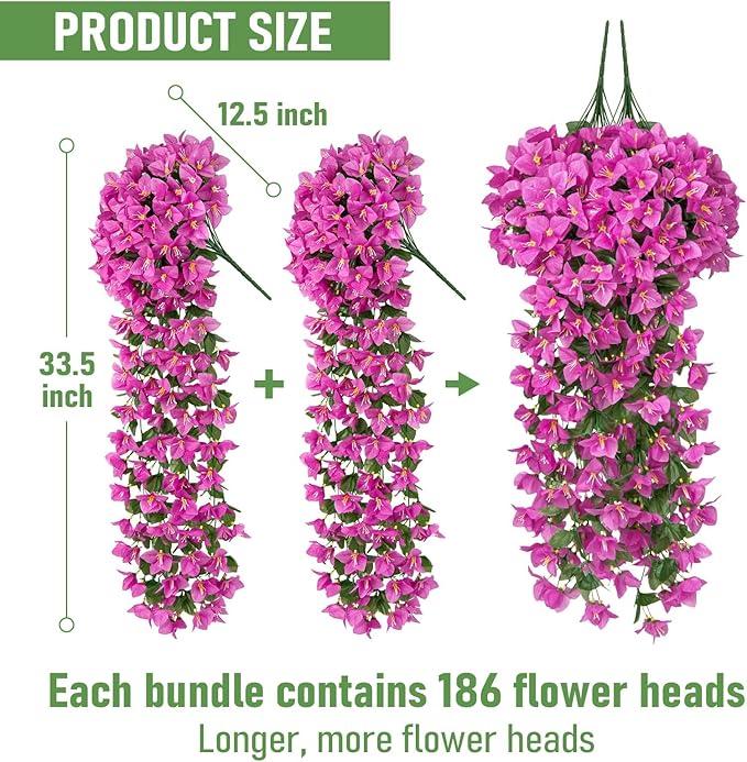ATTGREAT Artificial Bougainvillea for Outdoors Faux Plants UV Resistant Flowers Fake Plastic Plants Realistic Silk Flowers for Porch Planter Garden Outside Hanging Decoration, 2Pcs (Purple Red)