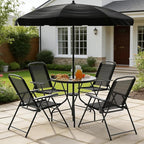 TAVATA Patio Dining Set with Umbrella, Patio Table and Chairs Set with Round Glass Table, 4 Folding Chairs, 6 Piece Outdoor Furniture Sets for Garden, Lawn, Backyard, Deck (Black)
