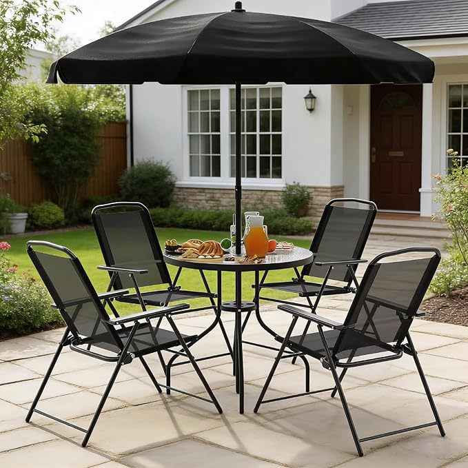 TAVATA Patio Dining Set with Umbrella, Patio Table and Chairs Set with Round Glass Table, 4 Folding Chairs, 6 Piece Outdoor Furniture Sets for Garden, Lawn, Backyard, Deck (Black)