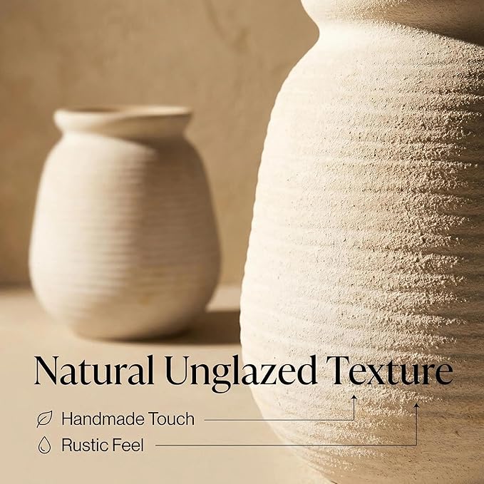 Rustic Terracotta Pot, 7 Inch Short Farmhouse Vase with Weathered Texture Vintage-White, Boho Home Decor for Pampas Grass, Tabletop, Mantel and Shelf Styling