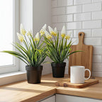 MONOID 2 Pack Artificial Hyacinth Plants - Realistic Fake Muscari Flowers in Black Pots, Small Desktop Decor Set for Home Office Bathroom, No Water Needed, White