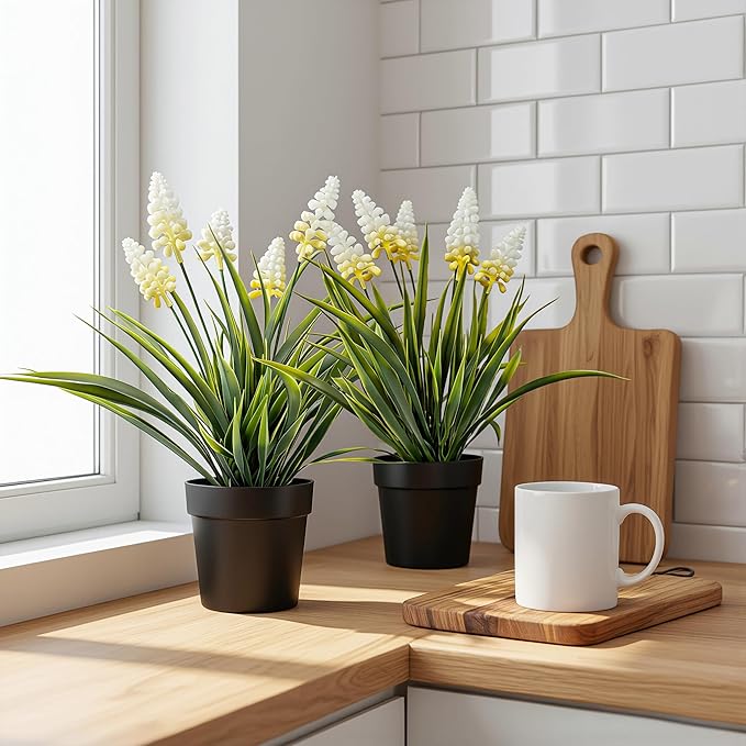 MONOID 2 Pack Artificial Hyacinth Plants - Realistic Fake Muscari Flowers in Black Pots, Small Desktop Decor Set for Home Office Bathroom, No Water Needed, White