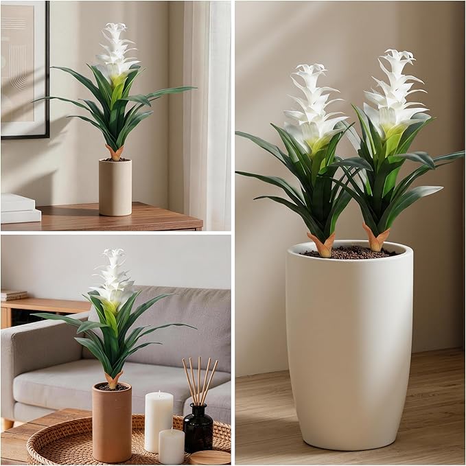 Ivydale Fake Flowers Plants for Outdoors, 2 Pcs 16.93" Bromeliad Artificial Flowers Uv Resistant Realistic Faux Flowers for Outdoor Planters Outside Porch Patio Yard Garden Indoor Decoration(White)