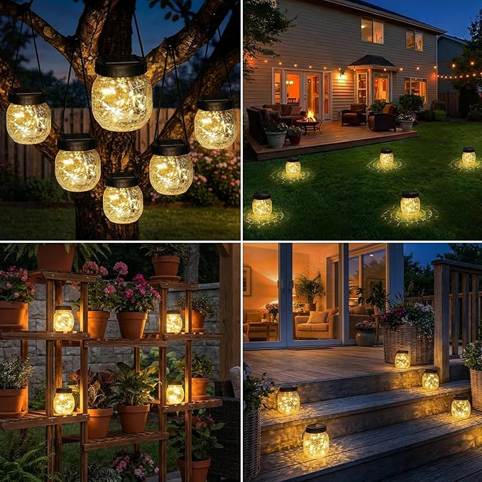 2 Pack Small Solar Lanterns Outdoor Waterproof, Cracked Glass Hanging Globe Lights for Backyard Patio Garden Pathway Balcony and Table Decor, Warm White - Gifts for Women Mom Homeowners