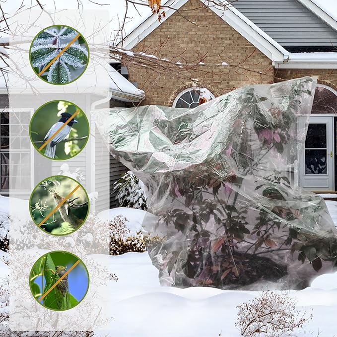 4 PCS Winter Plant Film Covers with Drawstring-31.5" x 39.4" Transparent Freeze Protection Bag Clear Plastic Plant Shelter Waterproof Coverings for Outdoor Garden Plant Rain Snow Frost Protection