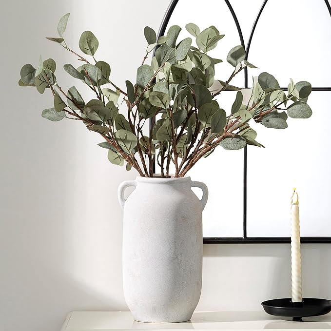 Large Flower Vase Home Decor - 12 inch Tall Ceramic Farmhouse White Rustic Table Vases with Handle Living Room Decoration Decorative Modern for Fireplace Kitchen