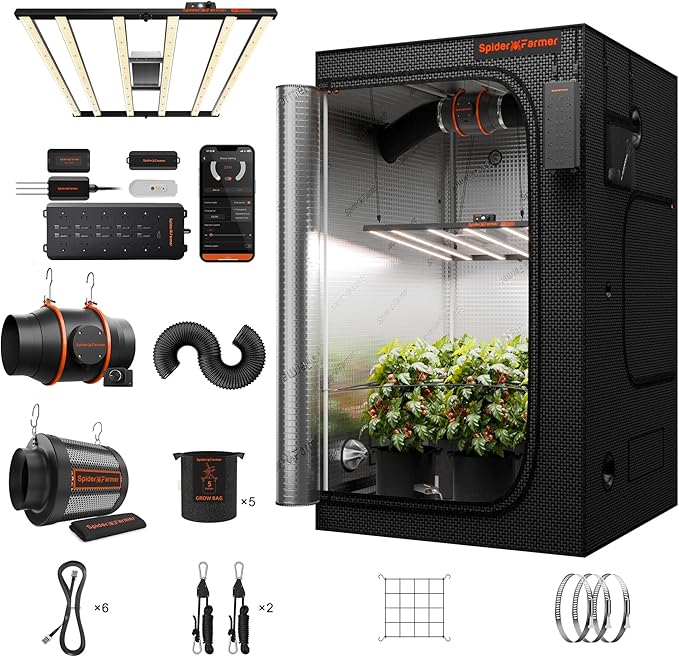 Spider Farmer Grow Tent Kit with GGS AC10 Power Strip 4x4x6.6ft Complete G5000 Bar Style LED Grow Light Full Spectrum 48"x48"x80" Indoor Grow Tent 6" Inline Fan Carbon Filter Ventilation System