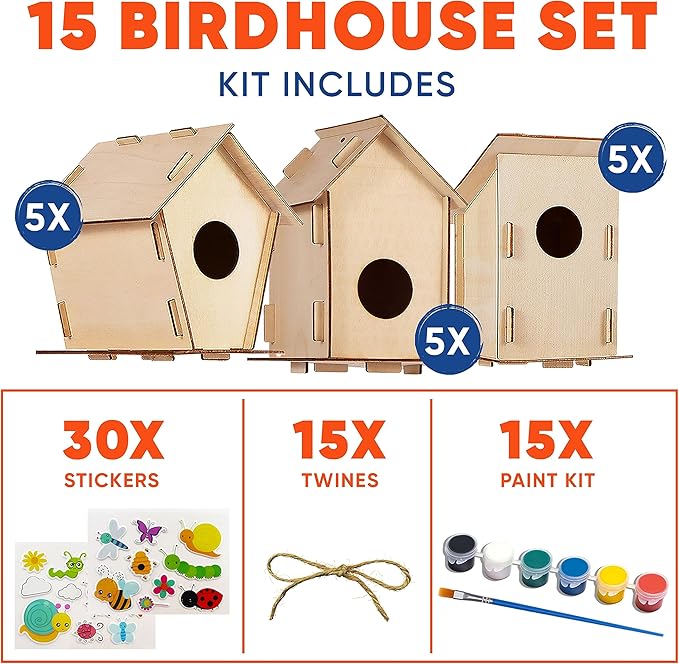 CRAFTY HAPPITOYS Birdhouse Kit - 15 Unfinished Wood Bird Houses for Children to Paint - Wood Craft Project Kits for Kids - Wooden Arts & Craft for Girls & Boys