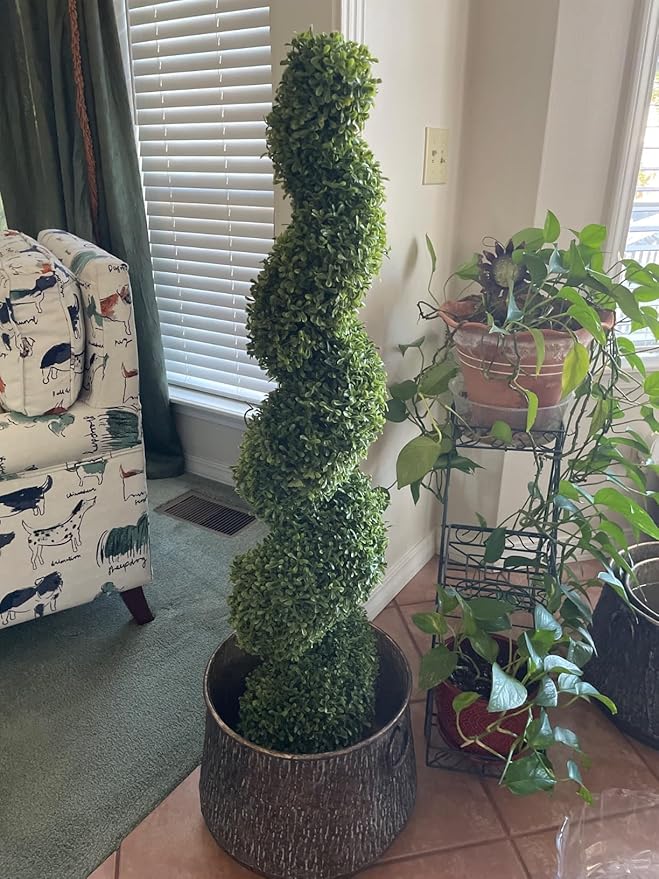 THE BLOOM TIMES 4ft Spiral Topiary Trees Artificial Outdoor Set of 2, 48" Faux Boxwood Plants Outside - All-Year Green Fake Twisted Tree for Garden Front Porch Planter Decor 4 Foot
