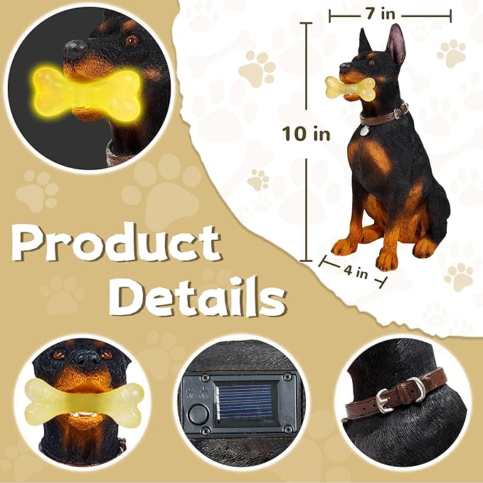 Doberman Solar Garden Statue - Outdoor Yard, Lawn, Patio Dog Decor - Unique Birthday Housewarming Gift for Dad, Mom, Men, Women