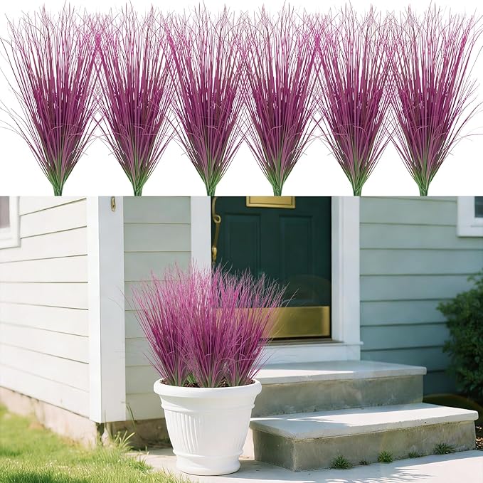 24 Bundles Artificial Grass Plants Outdoor Tall Faux Shrubs Greenery Stems Fake Onion Grasses Wheat UV Resistant for Outside Garden Indoor Office Home Decor（Pink）