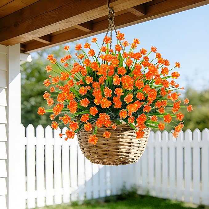 12 Bundles Artificial Flowers for Outdoors Spring Summer Decorations, UV Resistant Fake Mums Realistic Fake Plants Faux Plastic Flowers for Outdoor Indoor Home Gardens Porch Fall Decor(Orange Red)