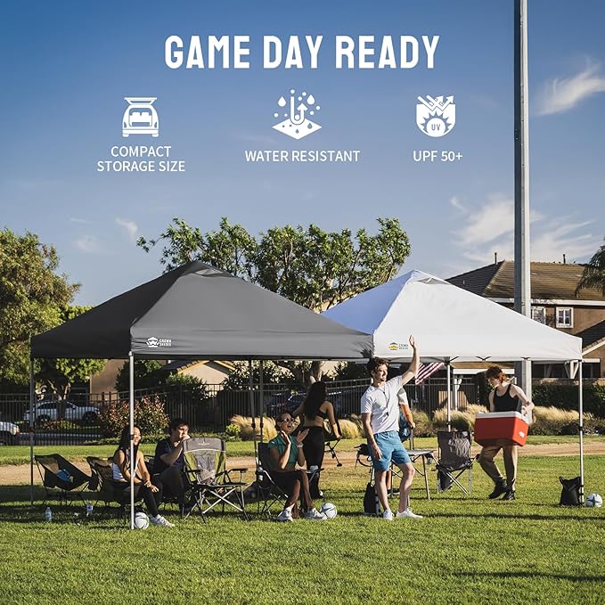 CROWN SHADES 10x10 Pop Up Canopy - Beach Tent with One Push Setup - Easy Outdoor Sun Shade Shelter for Events, Parties - Gazebo with STO-N-Go Cover Bag, Silver Coated Top, Grid Grey
