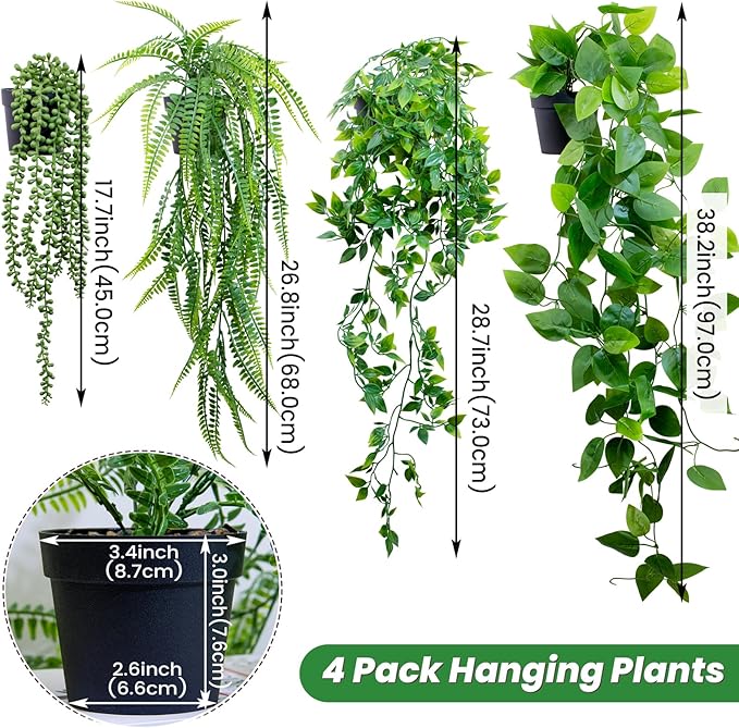 LOYWREE 4 Pack Fake Hanging Plants Artificial Ivy Vine Faux Potted Pothos Mandala Eucalyptus Boston Fern String of Pearls Trailing Plants for Shelf Room Office Home Wall Indoor Outdoor Decor