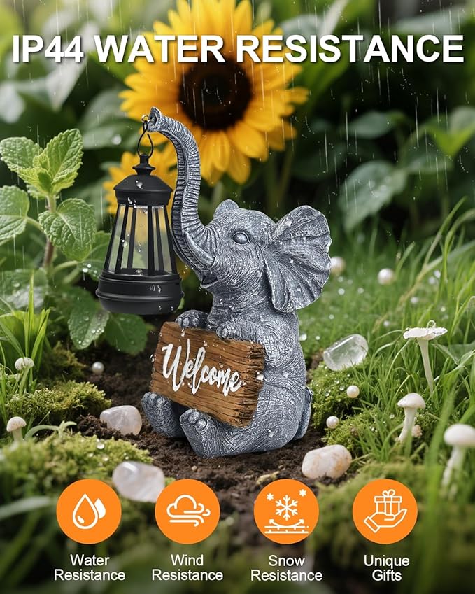 Outdoor Elephant Statues Solar Garden Decor Lights - Elephant Decoration for Garden, Balcony, Patio, Yard, Lawn - Housewarming, Fathers Day, Unique Birthday Gifts for Women Mom Grandma(White)