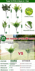 12 Bundles 4 Styles Artificial Plants Outdoor, UV Resistant No Fade Artificial Flowers Faux Plants Fern Lavender Eucalyptus Plastic Greenery Shrubs for Outside Porch Garden Home Spring Summer Decor