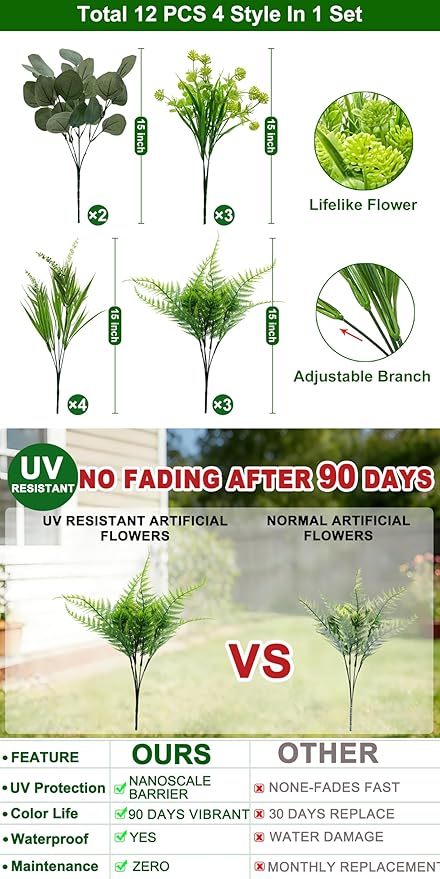 12 Bundles 4 Styles Artificial Plants Outdoor, UV Resistant No Fade Artificial Flowers Faux Plants Fern Lavender Eucalyptus Plastic Greenery Shrubs for Outside Porch Garden Home Spring Summer Decor