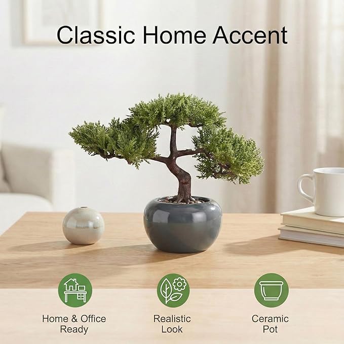 9.5 Inch Artificial Bonsai Tree with Ceramic Pot - Decorative Fake Plant for Home Office Living Room Window Sill, Fake Plants for Year-Round Decoration（Gray）