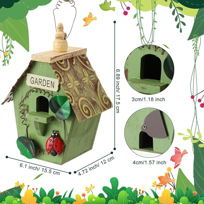 DoubleFill 2 Pcs Birdhouses for Outdoor Hanging Yard Outside Wooden Birdhouse Hand Painted Bird Box for Bird Lovers Bluebird Tree Garden Decor Decorative Birdhouse(Red,Green,Iron Roof)