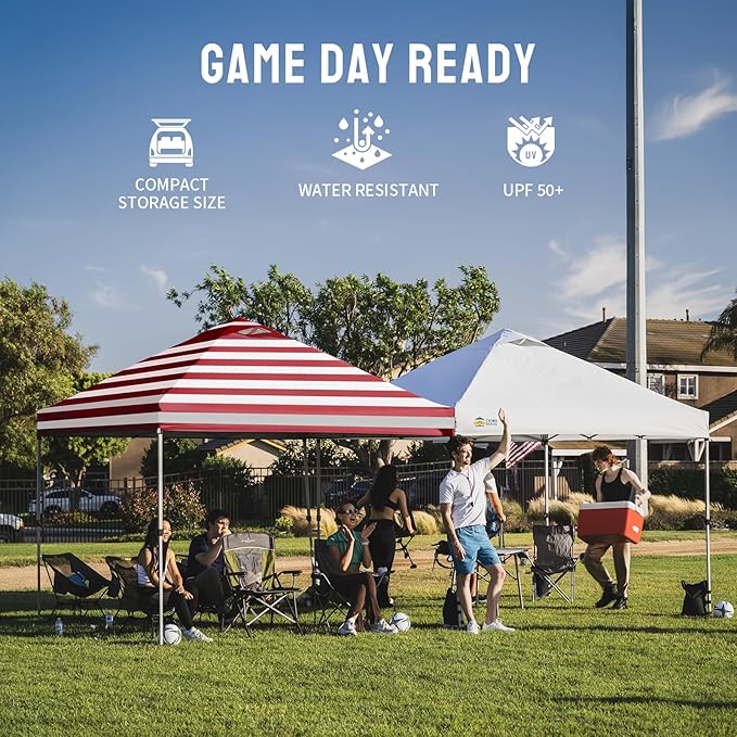 CROWN SHADES 10x10 Pop Up Canopy - Beach Tent with One Push Setup - Easy Outdoor Sun Shade for Events, Parties, Camping - Gazebo with STO-N-Go Cover Bag, Silver Coated Top, Red Strips