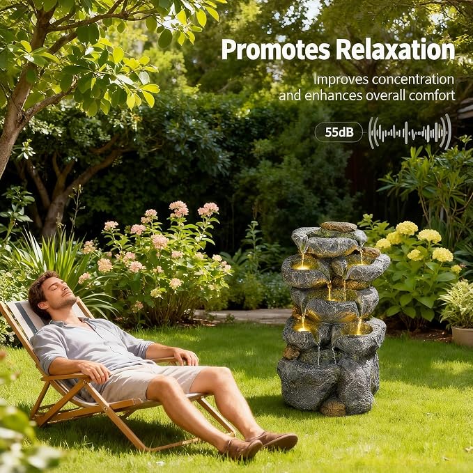 Solar Water Fountain Outdoor Garden, 24" H Cascading Stone Design 5 Tier Rock Feature Outdoor Fountains Waterfalls with Light, Pump Solar Panel for Patio, Deck, Porch, Backyard Home Décor