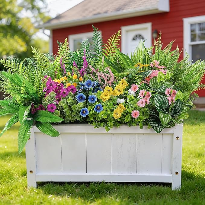 Alupssuc 24Pcs Artificial Flowers and Plants,UV Resistant & No Fade Fake Plastic Greenery Shrubs for Home Garden, Pathway, Front Porch-Spring Summer Decor, Indoor/Outdoor Use,Pink Purple Yellow Blue