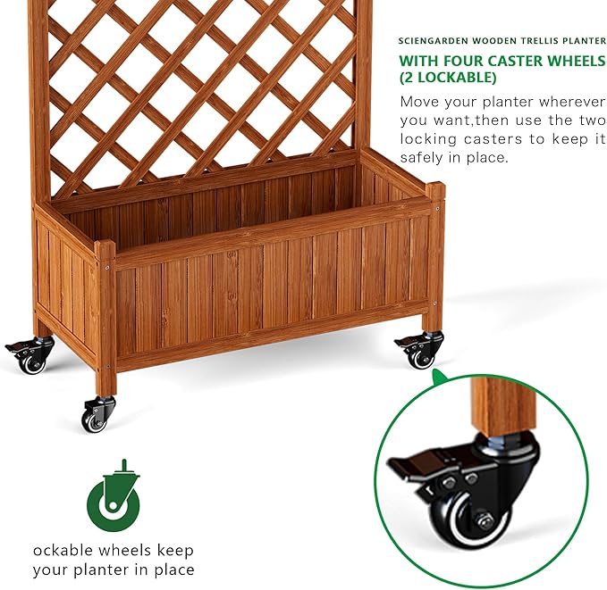 Upgraded 2-Pack 50" Tall Trellis Planter Box with Wheels, 49.8"H × 27.6"W × 13.0"D Solid Fir Wood Raised Garden Bed & Lattice Privacy Screen, Rolling Planter with Drainage for Patio/Garden