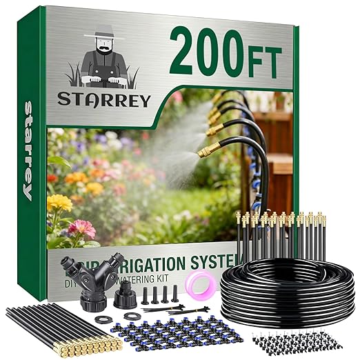 Drip Irrigation System, 2026-Upgrade 200Ft 1/4" Garden Watering System with 40 Pcs 360° Adjustable Copper Nozzles, DIY Kit for Garden, Lawn, Greenhouse, Raised Beds & Outdoor Plants