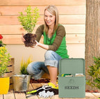Seed Storage Organizer, T-Shape Compartment Seed Box with Safety Lock, Metal Seed Saving Box, Portable Seed Bin Container with Handle, Including 2 Pens 20 Plant Labels 50 Seed Envelopes-Green