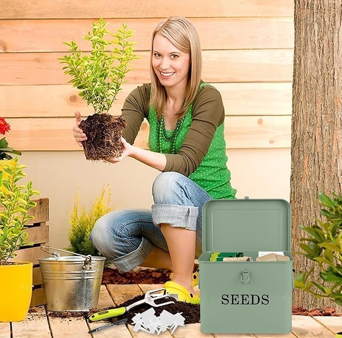 Seed Storage Organizer, T-Shape Compartment Seed Box with Safety Lock, Metal Seed Saving Box, Portable Seed Bin Container with Handle, Including 2 Pens 20 Plant Labels 50 Seed Envelopes-Green