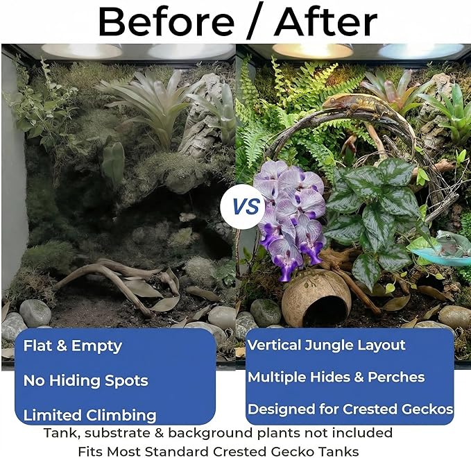 Crested Gecko Terrarium Decor Kit - 5PCS Rainforest Tank Accessories with Coconut Hide, Climbing Vines, Leaf Platform & Artificial Plants - Habitat Enrichment for Humidity & Hiding (Purple)