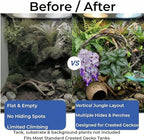 Crested Gecko Terrarium Decor Kit - 5PCS Rainforest Tank Accessories with Coconut Hide, Climbing Vines, Leaf Platform & Artificial Plants - Habitat Enrichment for Humidity & Hiding (Purple)