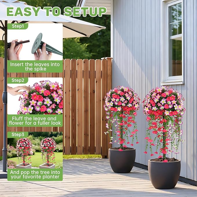 Grooy Artificial Plants Flowers Topiary Ball for Outdoor, 2 Pack Fake Silk Morning Glory Plant Bushes, UV Resistant Realistic Plants Shurbs for Outside,Front Porch,Patio,Yard(Pink)