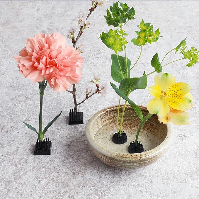 Wazakura 4PCS Black Mini Ikebana Kenzan, Made in Japan, Floral Arranging Pin Frog, Round and Square Flower Holder (Black Mini Kenzan)