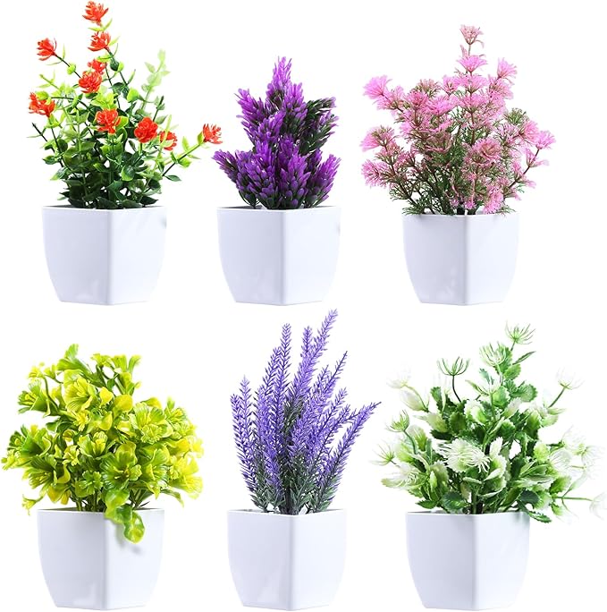 Clearain 6 Pack Fake Plants Mini Artificial Greenery Potted Plants for Home Decor Indoor Office Table Room Farmhouse Bathroom Decor (Mixed Color)