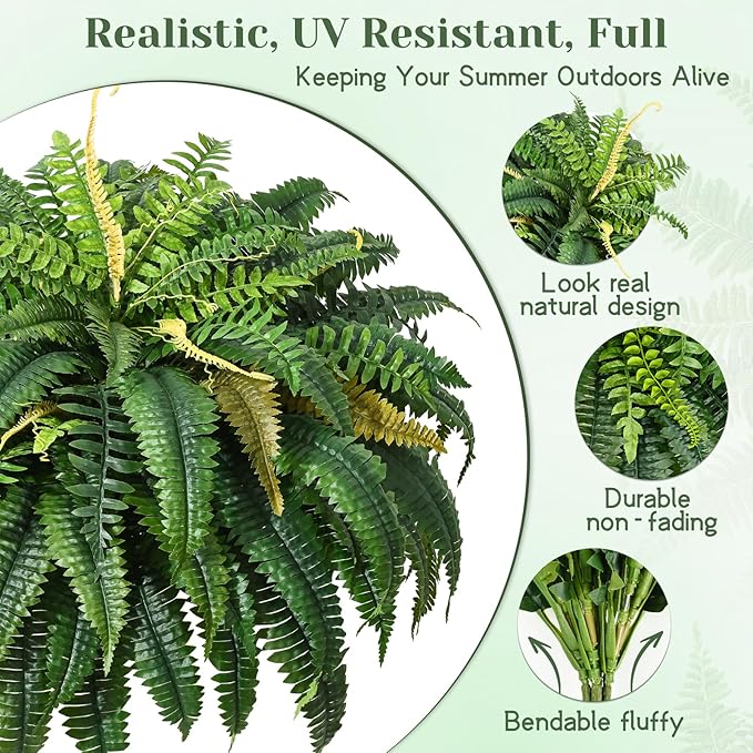 MARTINE MALL 2Pcs 48''/ 88 Leaves XXL Large Fake Ferns Artificial Ferns for Outdoors, UV Resistant Faux Boston Fern for Outdoor Planter Realistic Hanging Artificial Fake Plants for Porch Patio