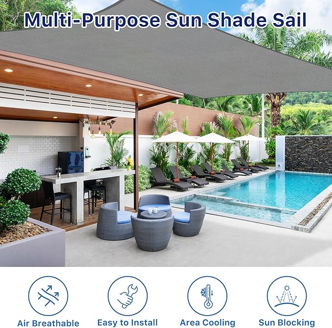 RoomHacks 12'x12' Sun Shade Sail, UV Protection Outdoor Shade, Curved Tear Resistant Heavy Duty Sun Shade for Patio Garden, Backyard, Deck, Car Port, Playground, (Grey)