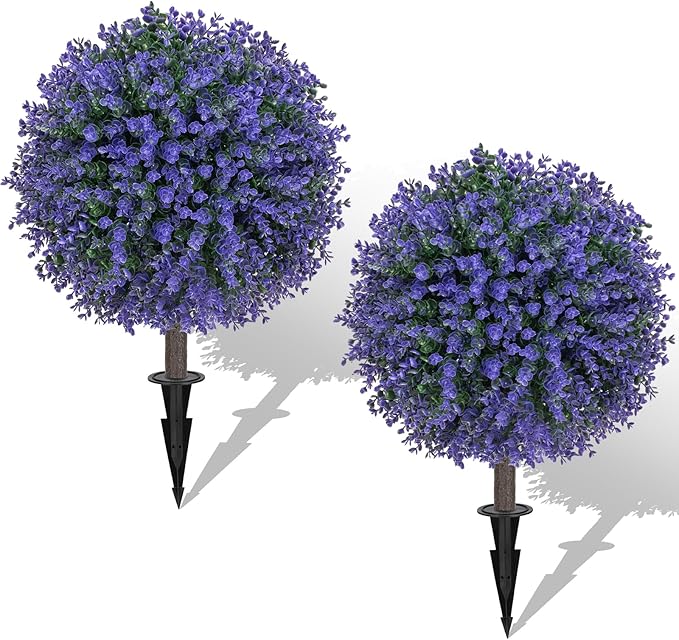 AOKIIE Set of 2 Artificial Purple Boxwood Topiary Ball Tree for Outdoor with Ground Spike, 22" UV Resistant Faux Greenery Shrubs, Fake Plants for Garden Yard Porch Patio(Purple)